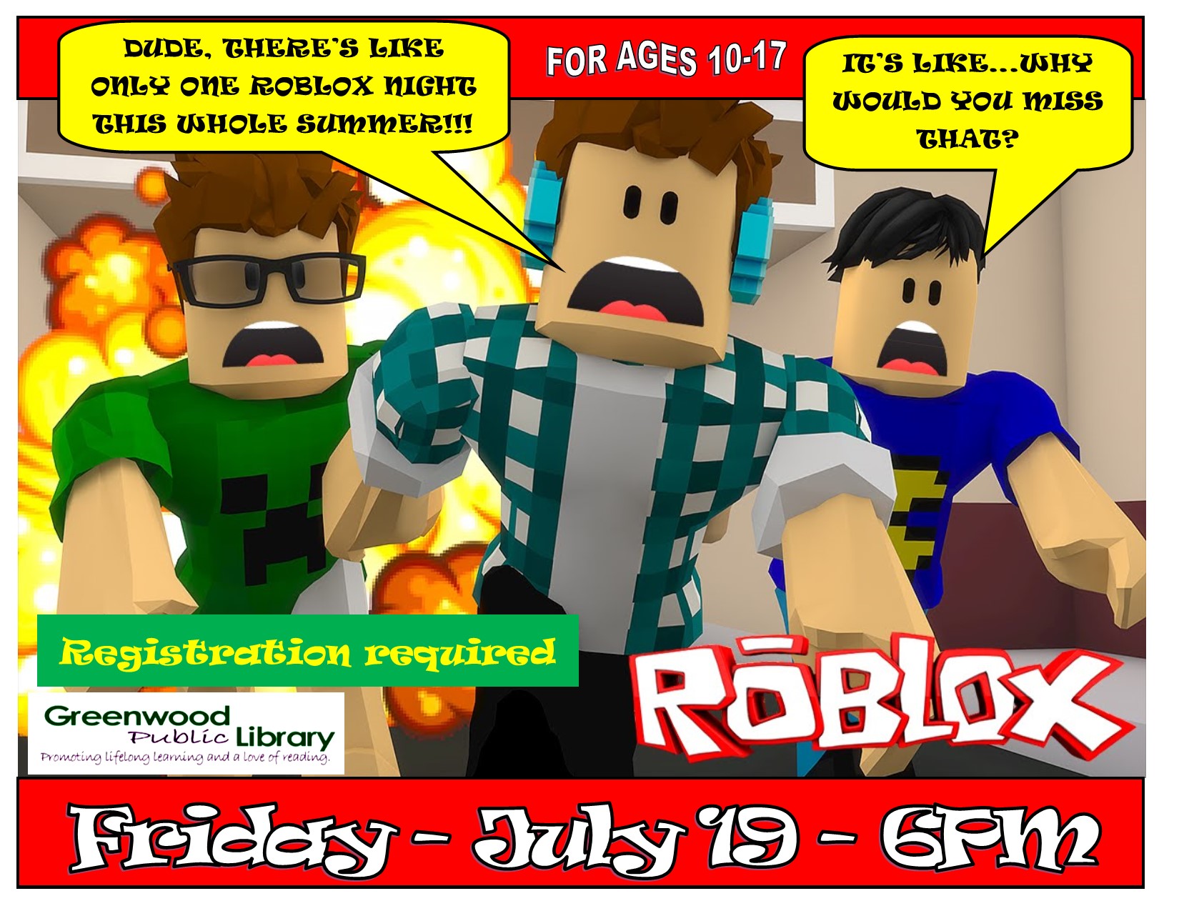 Roblox Night For Tweens Teens Greenwood Library - on select fridays from 6 7 30pm teens and tweens ages 10 18 are invited to spend an evening playing roblox in addition tables will be set up so that card