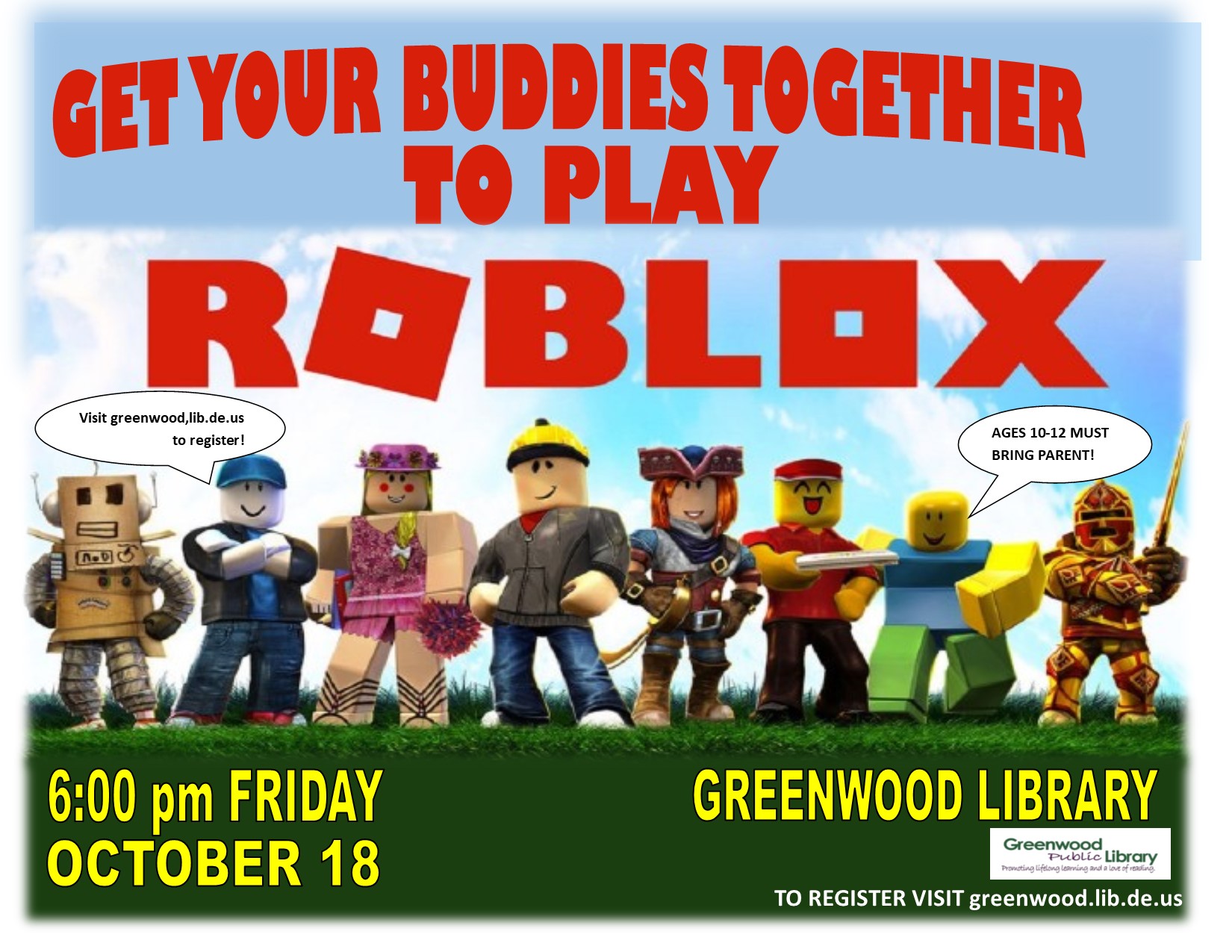 Oct Roblox Flyer Set Greenwood Library - roblox how to get library