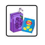 A grape juice box with a generic unbranded bag of chips.